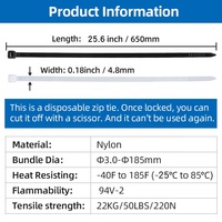 Lot de 100 attaches de câble en nylon 4.8*650mm 25.6 pouces attaches autobloquantes 50lb intérieur extérieur fil enroulé câble de sécurité rapide