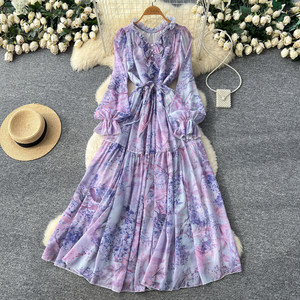 Abito Elegante Stampato dallo Stile Femminile, a Maniche Lunghe <span class=keywords><strong>con</strong></span> Lacci in Vita e Design Aderente, Ideale per un Look da Vacanza - Product Image 6