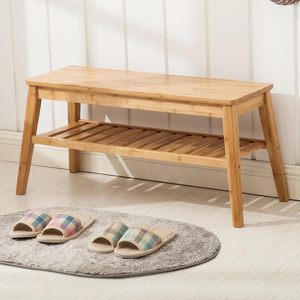 Modern 2-Tier Indoor <strong>Storage</strong> Bamboo <strong>Bench</strong> for Entry <strong>Dining</strong> Living Room Bedroom or Hallway - Product Image 1