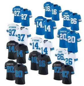 <span class=keywords><strong>Maillot</strong></span> <span class=keywords><strong>de</strong></span> football américain personnalisé 2025-2026 |   Uniformes <span class=keywords><strong>de</strong></span> supporters en gros : St Brown 14, Hutchinson 97, Goff 16, Gibbs 26, Sanders 20 - Product Image 1