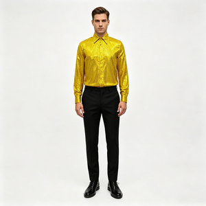 Camicia da uomo a maniche lunghe con paillettes dorate, blusa lucida con bottoni sul risvolto, top <span class=keywords><strong>per</strong></span> discoteca, feste, palcoscenico, ballo - Product Image 1
