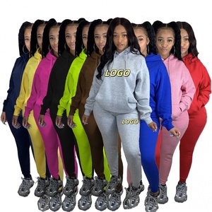 Ensemble deux pièces pour femmes CN116, coupe ajustée, à capuche, couleur unie, avec vêtements de course en polaire pour les sports d'automne et d'<span class=keywords><strong>hiver</strong></span> - Product Image 1