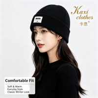 Bonnets d'hiver en acrylique tricoté à revers, avec logo brodé personnalisé et patch tissé imprimé par décoloration, pour adultes unisexes, usage décontracté