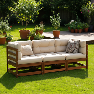 Ensemble de canapés de jardin modernes en bois de pin massif brun ciré, design modulaire, trois places, meubles d'extérieur avec coussins - Product Image 2