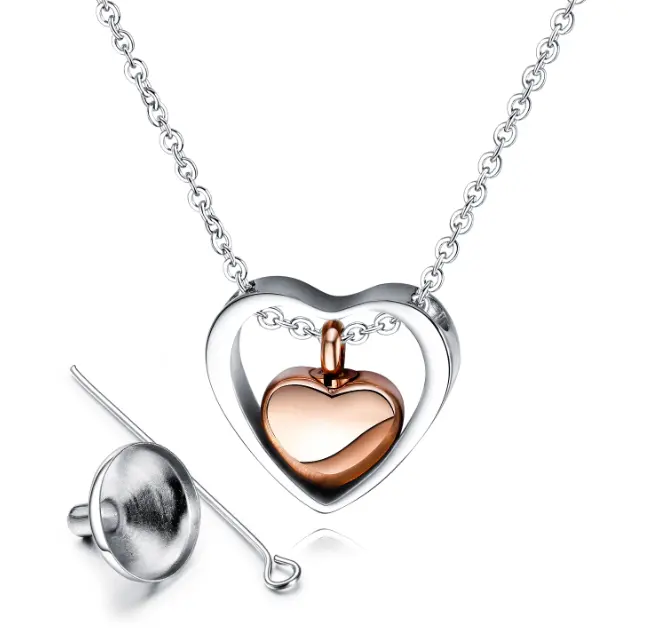 Double Heart Rose Gold Pendant Cremation Urn Necklace commemorate Ashes necklace