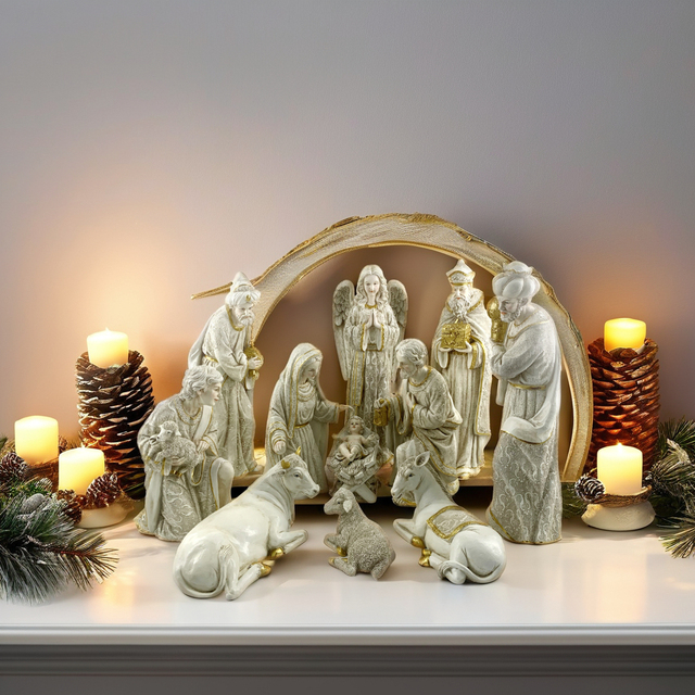 Handmade Resin Christmas Decorations Set Novel Religious Olive Patterns Artisanal Style Nativity Figures for Craft Use