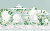 Assiette en porcelaine avec bol, plante verte et jante dorée, service de table, vaisselle en céramique