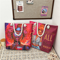 Sac fourre-tout en toile avec impression artistique de fille africaine noire, motif de dessin animé amusant, poignée en corde noire, sacs à bandoulière confortables pour le shopping