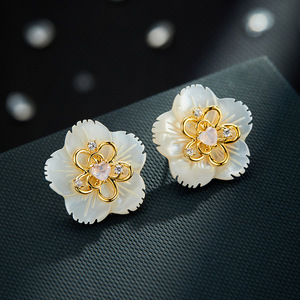 White Shell Flower <b>Stud</b> <b>Earrings</b> With Gold Accents And <b>Crystal</b> Center S925 Silver Posts For Women Party Jewelry - Product Image 1