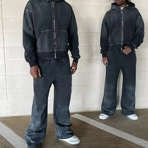 Tùy chỉnh đau khổ Zip Up đầy màu sắc bùng Sweatpants và hoodie Bộ người đàn ông thời trang dạo phố Rhinestone Tracksuit axit rửa sweatsuit - Product Image 1