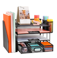 Organizador de Escritorio de Malla Metálica de 4 Niveles con Archivadores Verticales, Bandeja para Papel, Organizador de Oficina, Cajón, Portaplumas