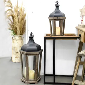 Set of 2 Indoor Outdoor Wood Metal Lantern Hexagon Candle Holder Decorative Hanging Lanterns with Glass Panels For Home decor
