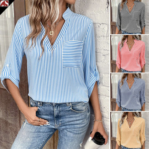 Camicia a maniche lunghe Casual Casual camicetta a maniche lunghe con scollo a V a strisce verticali da donna - Product Image 2