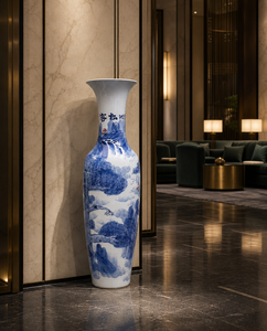 Vaso da terra gigante in stile antico blu e bianco, con intricato paesaggio di pini dipinto a mano, alto vaso decorativo da terra. - Product Image 1