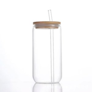 Vaso Moderno de <span class=keywords><strong>Vidrio</strong></span> de Borosilicato Alto de 350 ml, Cilíndrico, Transparente, Reutilizable, Antiderrames, con Tapa de Bambú y Pajita - Product Image 6