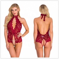 Set Lingerie Satin Renda Seksi Deep V Hot 18, Kostum Seksi Terbuka di Bagian Selangkangan, Jumpsuit Playsuit Bodysuit Tanpa Selangkangan dan Tanpa Punggung