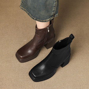 Botines de Moda para Mujer, Estilo Clásico Francés Retro, Color Sólido, Costuras, Tacón Cuadrado, Parte Superior de Cuero Genuino, Suela de Goma - Product Image 6