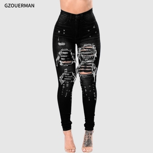 Nuevos Jeans de Mezclilla Rasgados de Moda para <span class=keywords><strong>Mujer</strong></span>, <span class=keywords><strong>Pantalones</strong></span> <span class=keywords><strong>Largos</strong></span> de Cintura Media, <span class=keywords><strong>Vaqueros</strong></span> Ajustados con Agujeros para Dama - Product Image 5