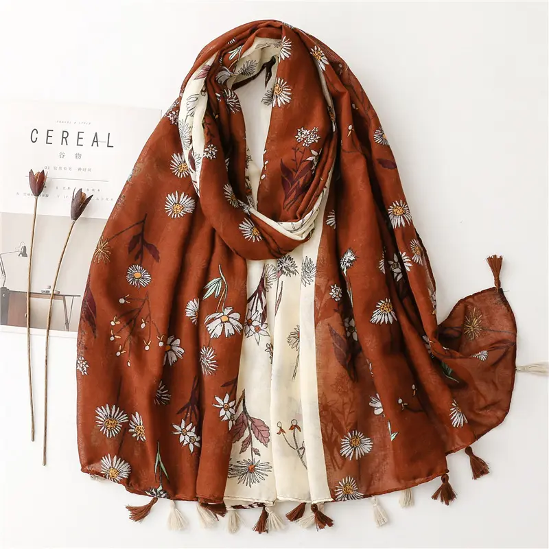Lightweight Summer Long Soft Floral Printed Shawls Scarves For Women Muslim Brown Beige Flower Hijabs Cotton Printed Scarf