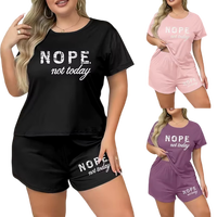 Ensemble pyjama deux pièces d'été transfrontalier tendance avec haut à manches courtes et short imprimé lettres, grande taille, en tissu extensible effet coton