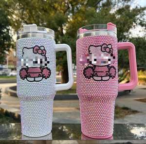 Toptan özel tasarım yüksek kalite Rhinestone karikatür <span class=keywords><strong>Kitty</strong></span> Tumblers KT seyahat kapaklar ve saman ile kahve kupası kupalar - Product Image 1