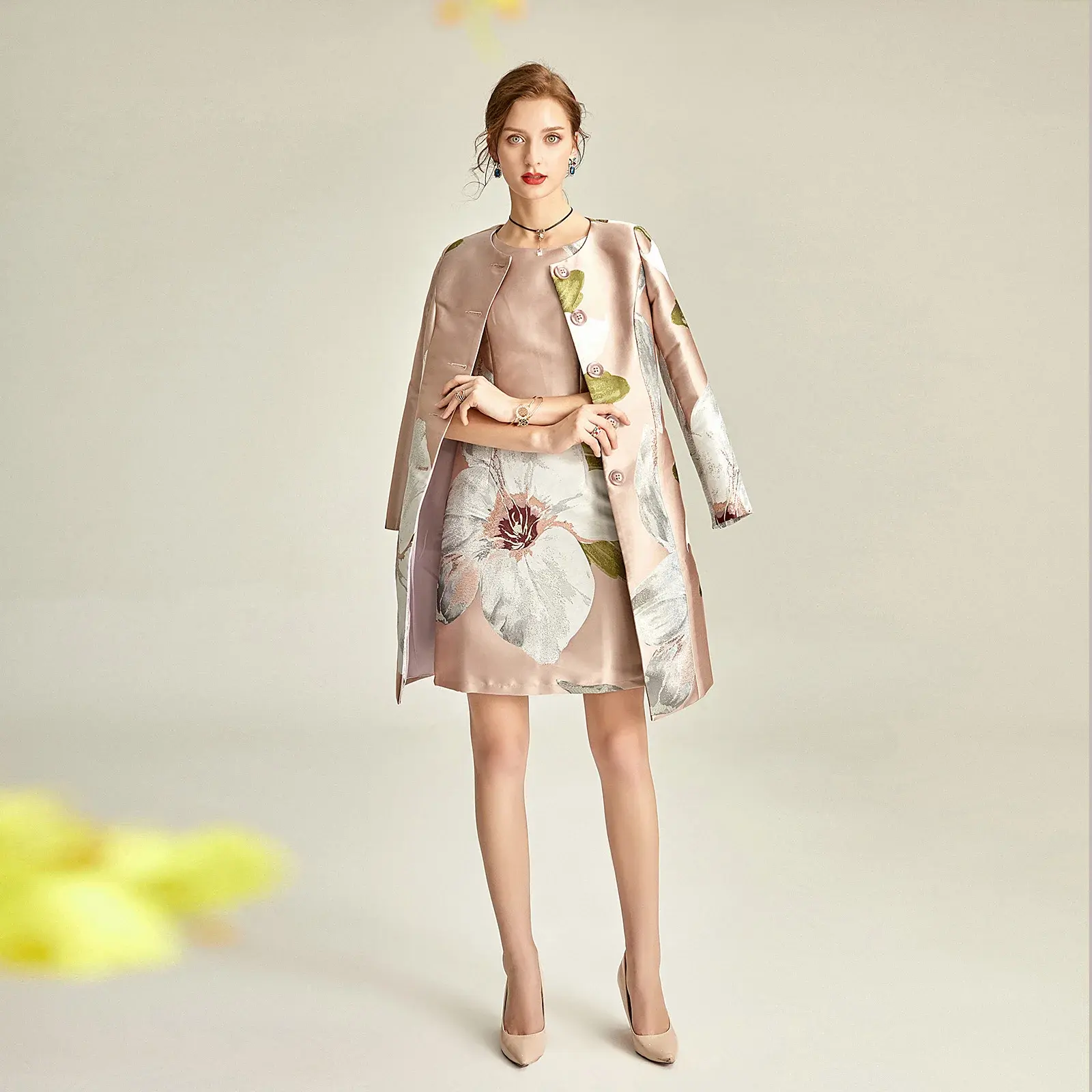 Tailor Shop Custom Made Pink Big Flower Jacquard Weaving Temperament  Brocade Long Coat Mother of the Bride Outfit for Weddings