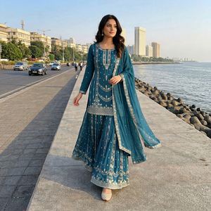 Vente en gros de costumes Sharara en soie Chanderi brodés par des designers pakistanais, bleu paon, 3 pièces - Product Image 1