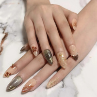 Faux ongles à presser Marron Gris Amande, motif feuille d'or, accent perle dorée 3D en forme de coquille, taille moyenne, 10 pièces, design acrylique pour l'extrémité des doigts