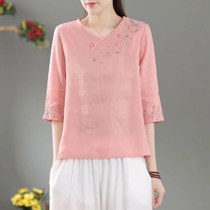 Women's Cotton Linen <b>Shirt</b> Purple Embroidered Floral Mid Sleeve Loose Fit Vintage Style Everyday Wear - Product Image 2