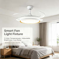 Ventilateur de plafond électrique rétractable moderne avec lumière LED à intensité variable, 3 températures de couleur, silencieux, pales cachées, lustre contrôlé par application