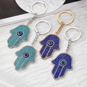 New Full Rhinestone Large Fatima Palm Keychain Metal Alloy Hamsa Evil Eye Pendant Keyring