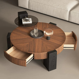 Set di tavolini da caffè rotondi in legno di lusso, moderni e di grandi dimensioni, per il soggiorno, con cassetti, multifunzionali, in vetro, design <span class=keywords><strong>vintage</strong></span>. - Product Image 2