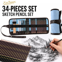 Xin Bowen Fine – Ensemble de dessin 34 pièces : Crayons graphite, fusains, estompes à dessin, étui enroulable pour artistes et étudiants