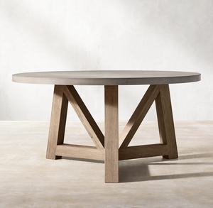 Table et chaises de salle à manger d'extérieur, base en teck, plateau en béton, table ronde, ensemble de salle à manger en rotin pour hôtel, patio, fauteuil d'extérieur - Product Image 3