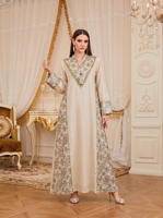 Robe longue de soirée musulmane modeste pour adultes, col cranté, broderie florale, patchwork, franges, garniture de perles, manches longues