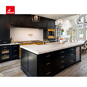 Armoire de cuisine élégante à porte perlée bleu foncé avec garde-manger à vin et tablier de ferme évier cannelé pour la construction de maisons - Product Image 3