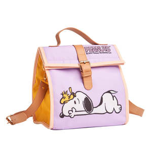 Borsa termica per arachidi con motivo Snoopy sdraiato viola con tracolla marrone chiaro - Product Image 1