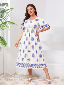 <b>Plus</b> <b>Size</b> V-neck Dress with Bell Sleeves and Fashionable Printed Elasticated Waist Maxi Skirt - Product Image 6