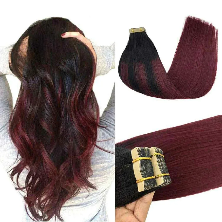 Groothandel Tape Hair Extensions # 99j Bordeauxrode Kleur Rechte Onzichtbare Extensie 100% Menselijke Haarverlenging In
