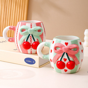 Creative Embossed 3d Cherry Ceramic Coffee Cup Cute Bow Tie Ceramic Mug for Girls - Product Image 3