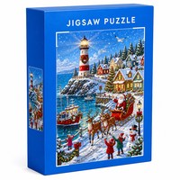 Puzzle Jigsaw Karton Biru 500-1000 Potong dengan Cetakan Warna Penuh dan Kotak Hadiah - Desain Natal DIY untuk Anak-anak & Dewasa