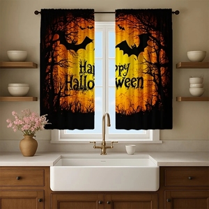 Cortina <span class=keywords><strong>de</strong></span> cocina rosa <span class=keywords><strong>de</strong></span> Halloween, cortina corta para ventana con diseño <span class=keywords><strong>de</strong></span> <span class=keywords><strong>castillo</strong></span> <span class=keywords><strong>de</strong></span> <span class=keywords><strong>terror</strong></span> negro y murciélagos, cortinas <span class=keywords><strong>de</strong></span> café <span class=keywords><strong>de</strong></span> 2 paneles personalizables - Product Image 4