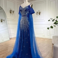 Robes de soirée sirène de luxe à bretelles spaghetti, ornées de perles, bleues/vertes/jaunes, avec manches cape, pour occasions formelles et soirées saoudiennes, collection 2025