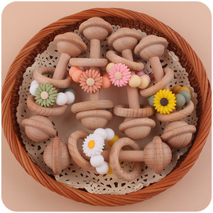 Nouveau jouet de dentition pour bébé en bois de hêtre, jouet de dentition à perles en silicone, petit jouet de dentition en silicone <span class=keywords><strong>marguerite</strong></span>, anneaux de dentition en bois pour bébé, sans BPA - Product Image 4