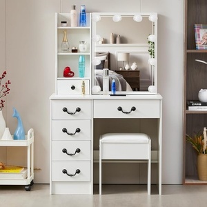 Juego <span class=keywords><strong>de</strong></span> maquillaje <span class=keywords><strong>de</strong></span> <span class=keywords><strong>tocador</strong></span> con espejo deslizante con luz, armario <span class=keywords><strong>de</strong></span> almacenamiento, cajones y taburete acolchado blanco - Product Image 2