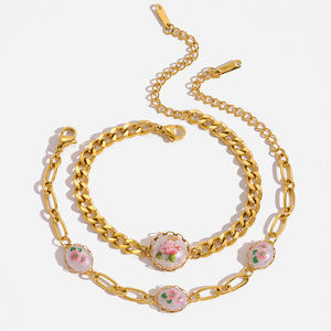 <b>Flower</b> Charm <b>Bracelet</b> Gold Chain With Enamel Floral Beads For Women Gift Jewelry - Product Image 1