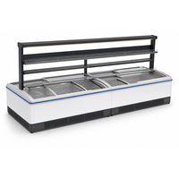 Congélateur îlot combiné long avec étagères supérieures, présentoir en acier, couvercle coulissant en verre éclairé par LED, dégivrage automatique, pour supermarché