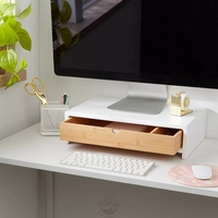Support d'écran en bambou blanc avec tiroir, rehausseur d'écran d'ordinateur et organisateur de bureau pour fournitures de bureau et rangement de bureau