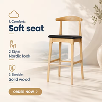 Taburete de bar de madera de fresno, estilo moderno de mediados de siglo, respaldo tipo cuerno de buey, asiento tapizado, silla de bar, venta al por mayor, MOQ bajo, muebles para contratos.