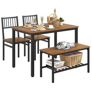 Space Saving Dining Table Set for 4 Kitchen Table with 2 Chairs and Bench Wood Table with Storage Rack Industrial Style